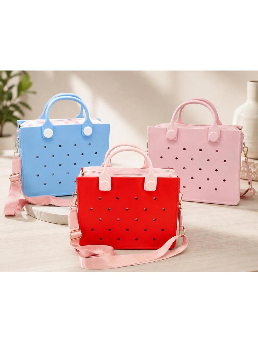Lot of 3 Purses, Pink, Red, Blue L Perforated Waterproof Beach Tote Bag Top